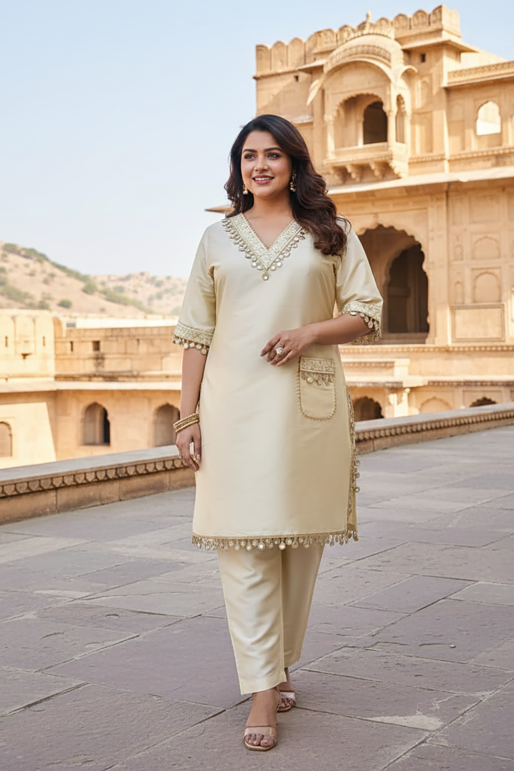 Ivory Taffeta Embroidered Wedding Kurta Set for Women