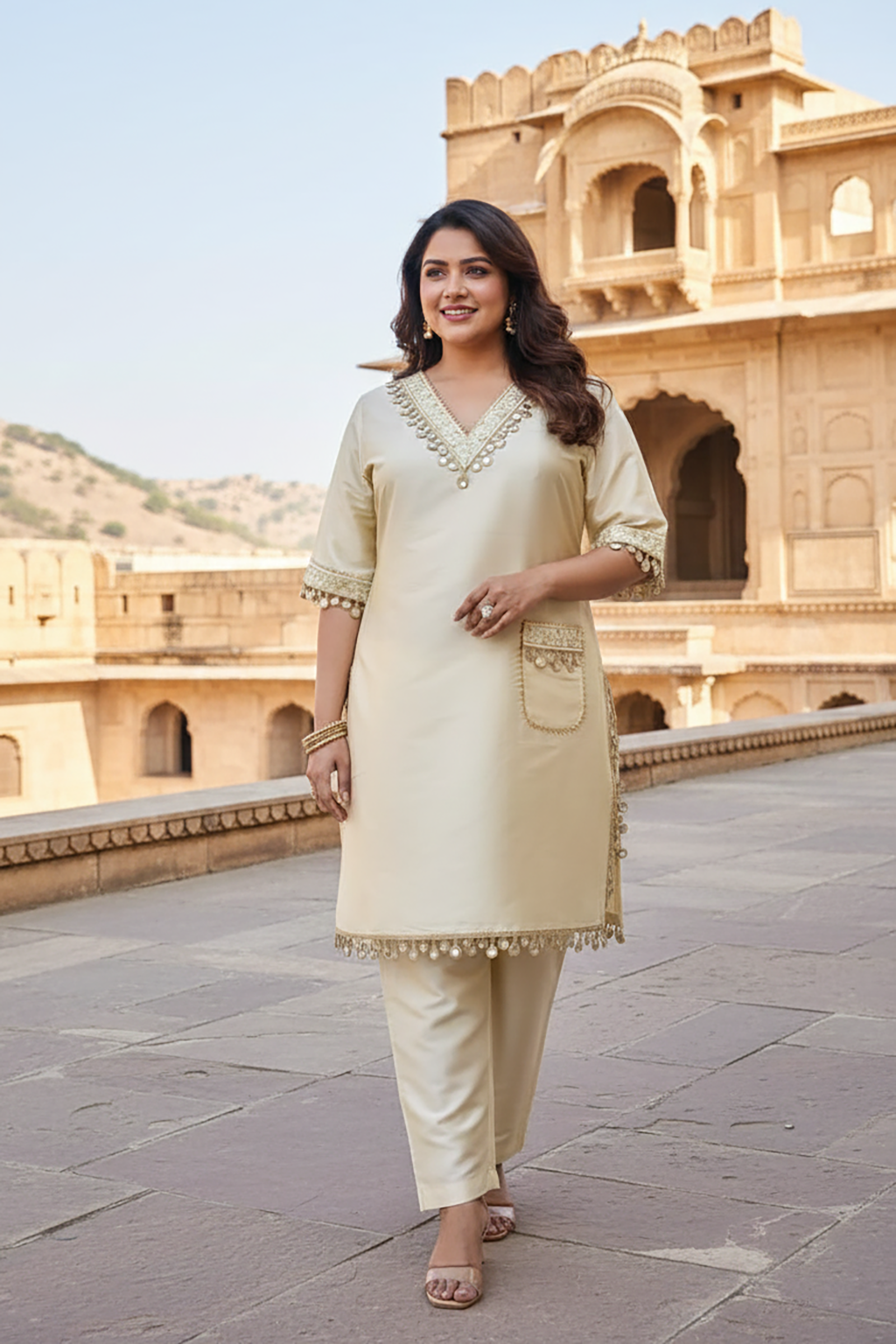 Ivory Taffeta Embroidered Wedding Kurta Set for Women