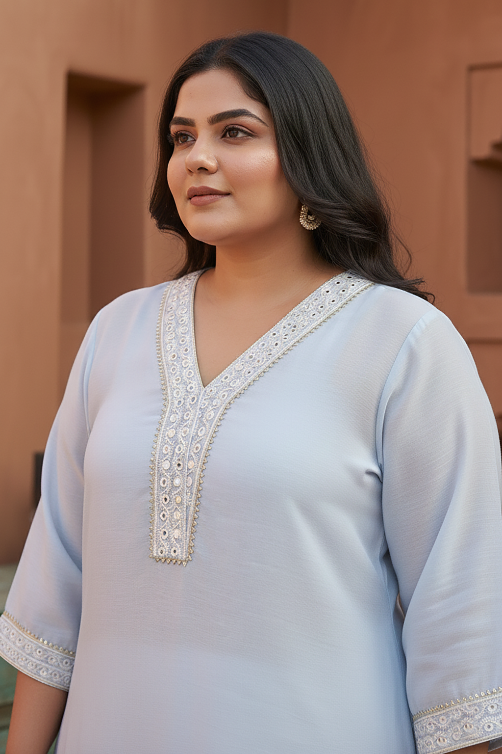Plus Size Light Blue Ethnic Embellished Kurta & Pants Set for Women-1