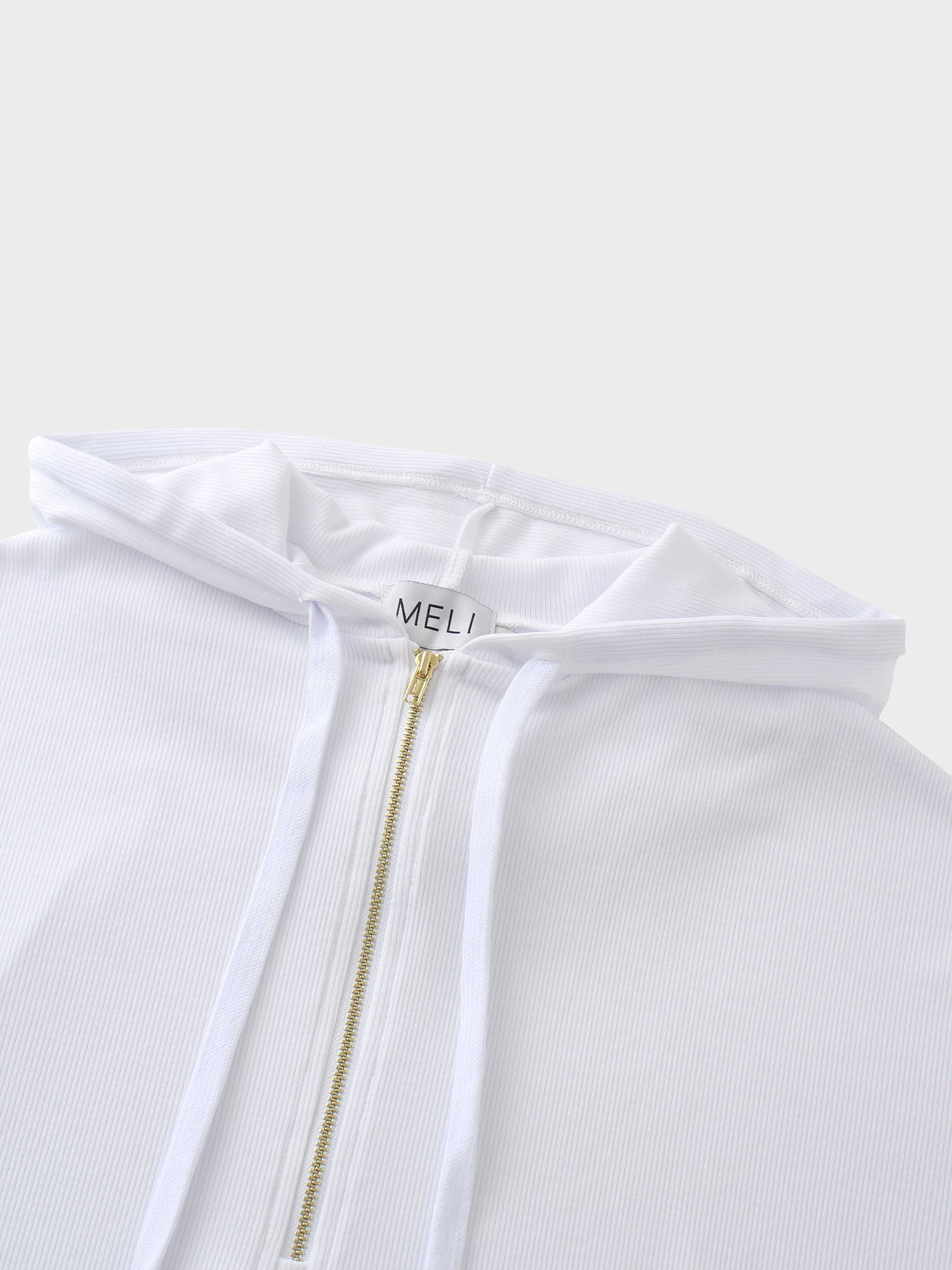 Ribbed Half Zip Hoodie Tee-White-3