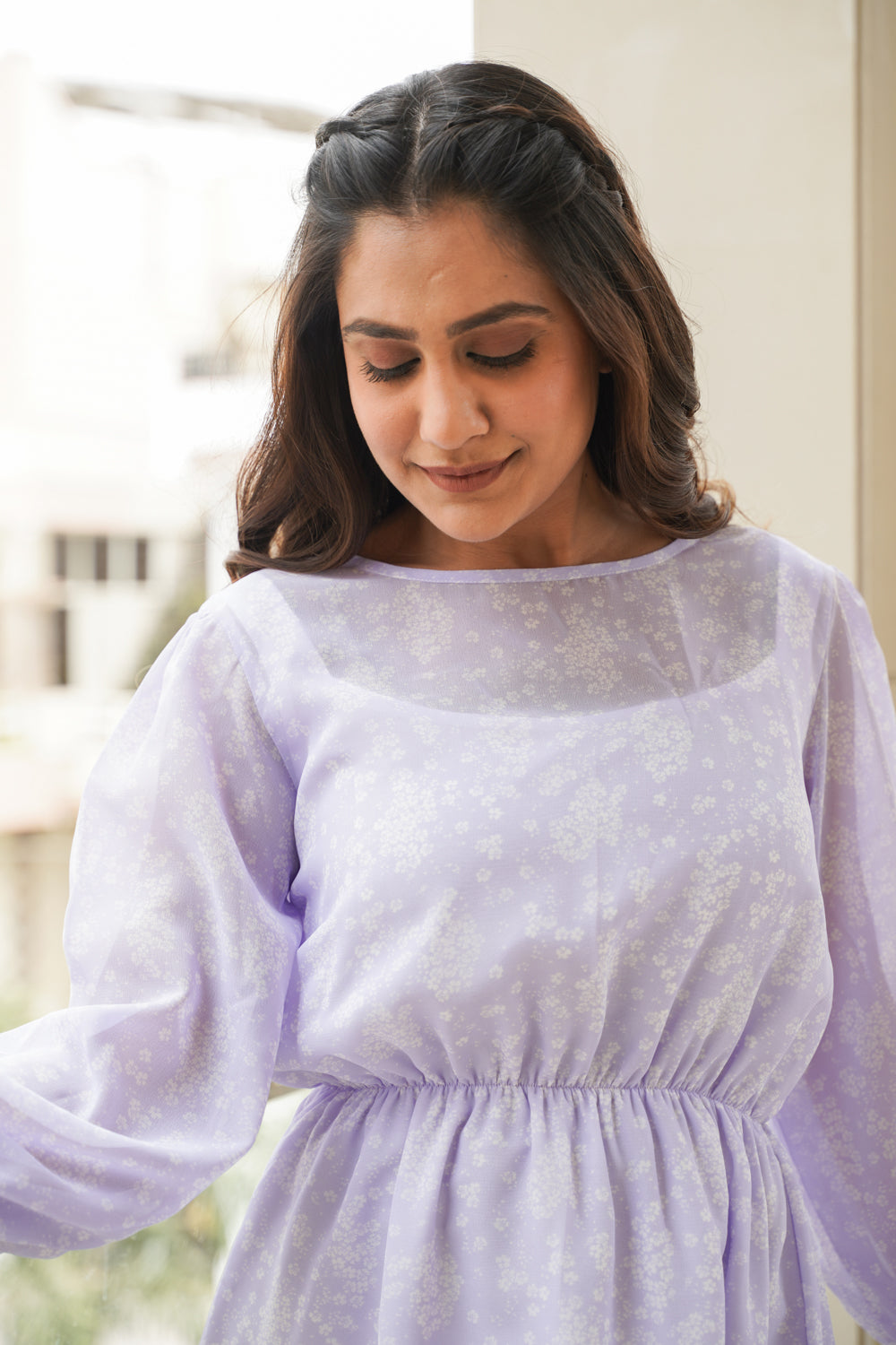 Regular Lilac Elasticated Georgette Short Dress-4