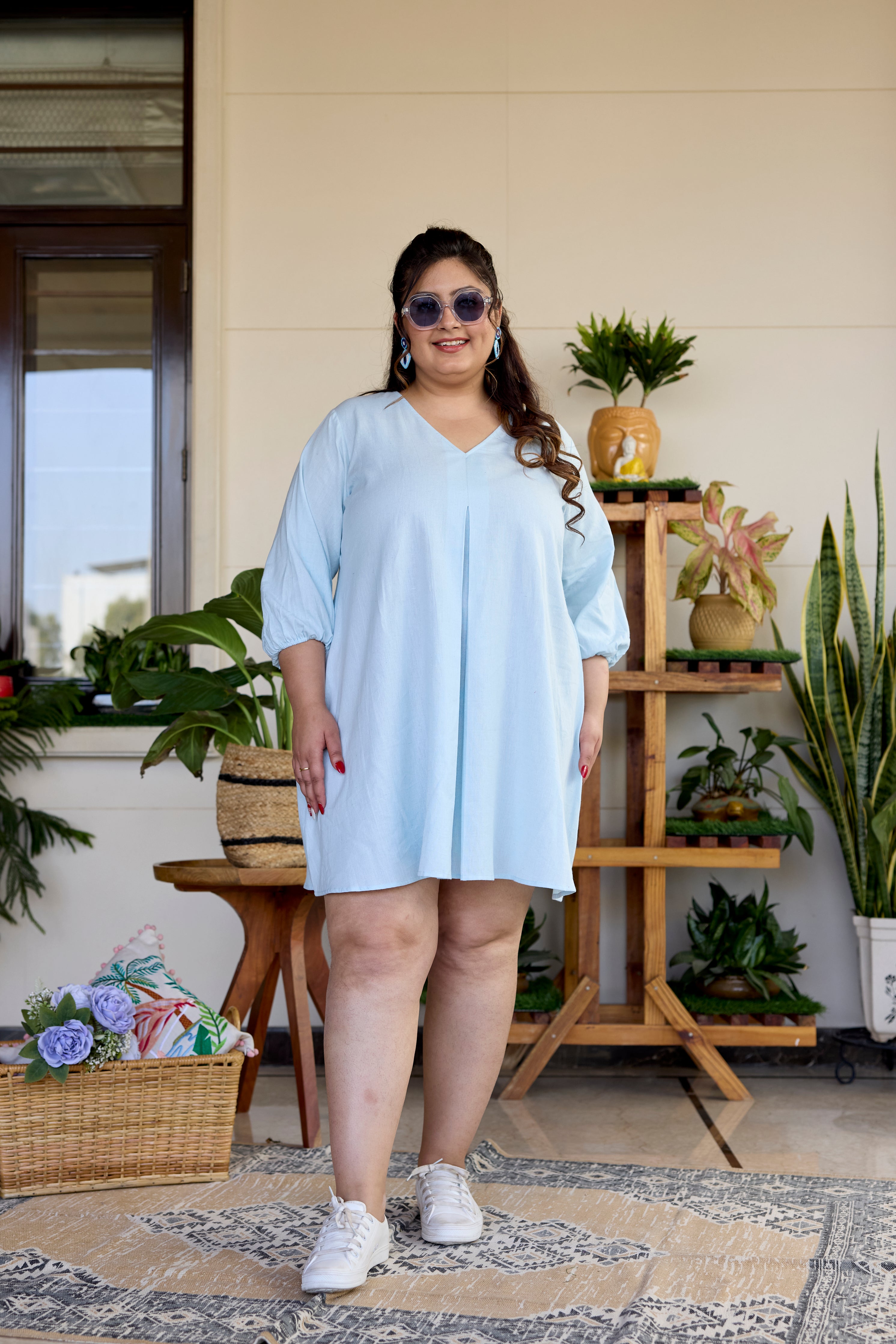 Regular Powder Blue Short Linen Dress