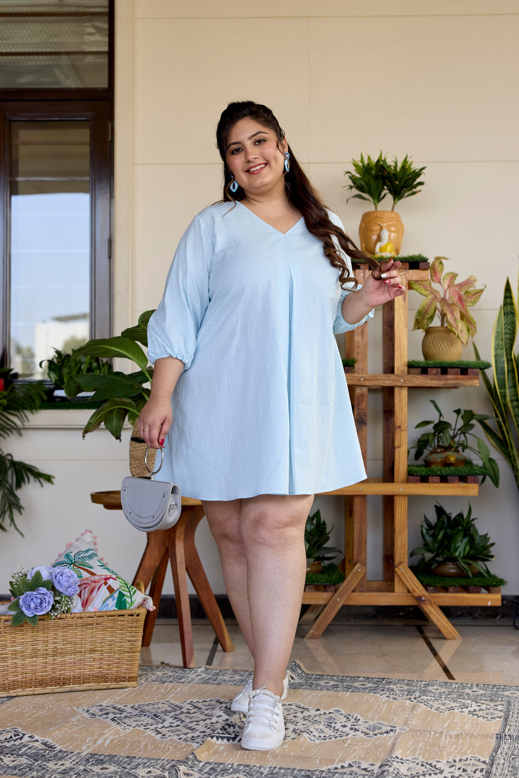 Regular Powder Blue Short Linen Dress