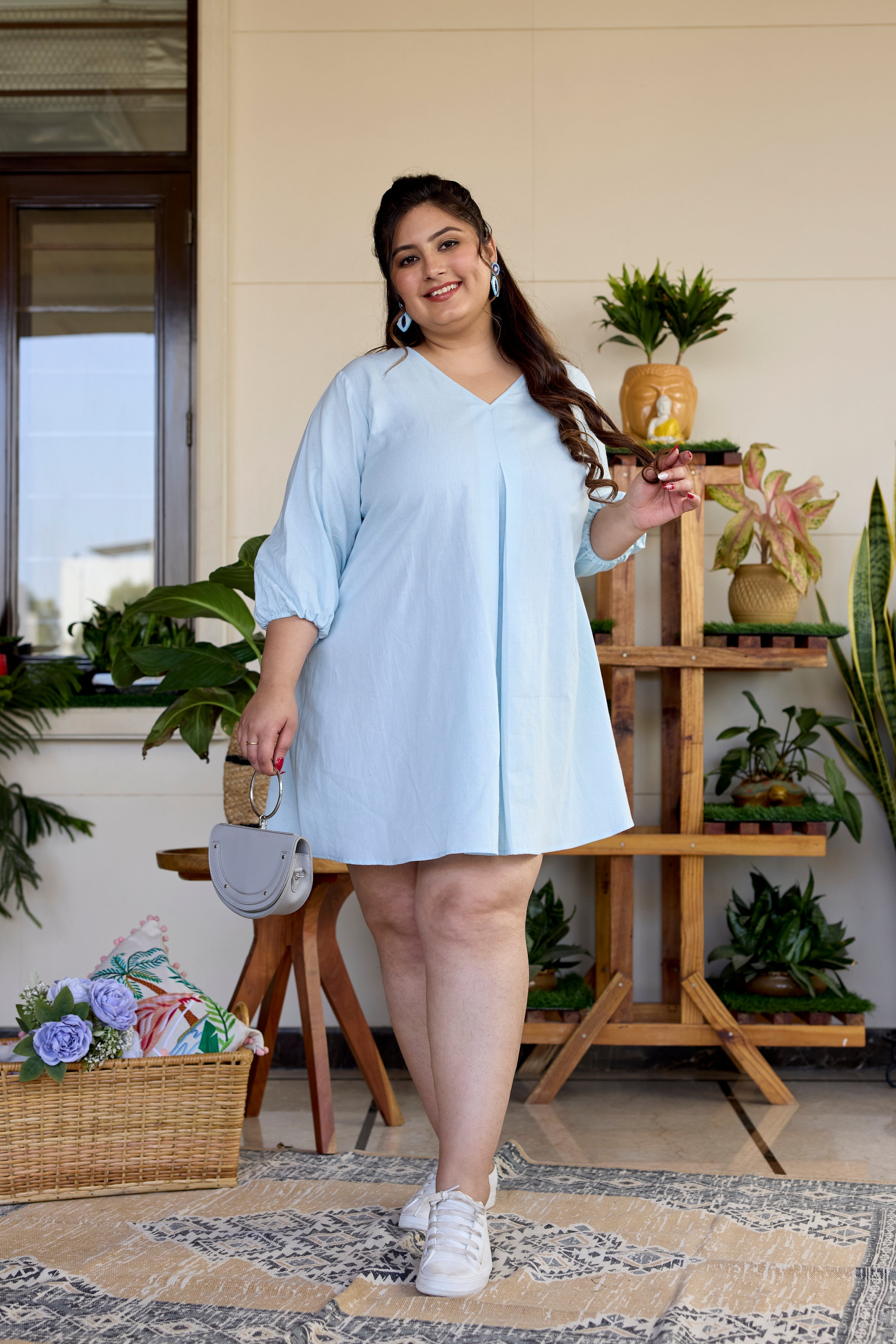 Regular Powder Blue Short Linen Dress