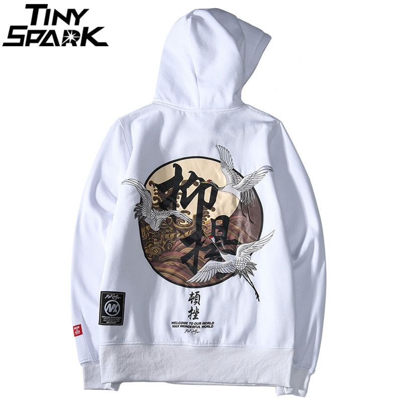 Men Hip Hop Hoodie Sweatshirt Embroidery Crane Harajuku Streetwear Hoodie Fleece  Autumn Cotton Hooded Pullover Oversized-0