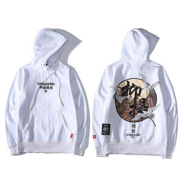 Men Hip Hop Hoodie Sweatshirt Embroidery Crane Harajuku Streetwear Hoodie Fleece  Autumn Cotton Hooded Pullover Oversized-6