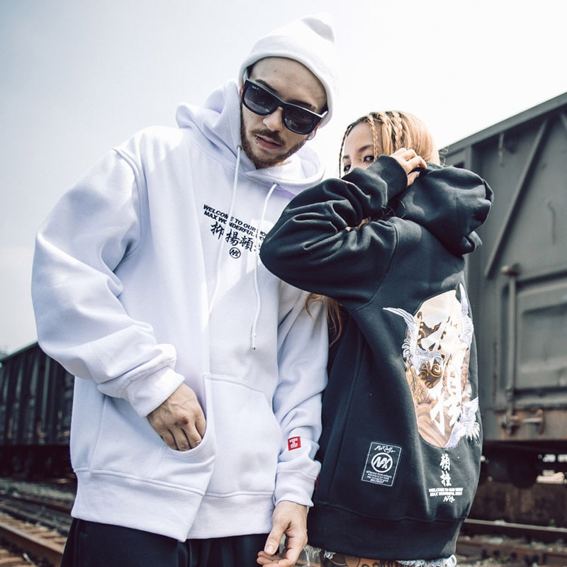 Men Hip Hop Hoodie Sweatshirt Embroidery Crane Harajuku Streetwear Hoodie Fleece  Autumn Cotton Hooded Pullover Oversized-3