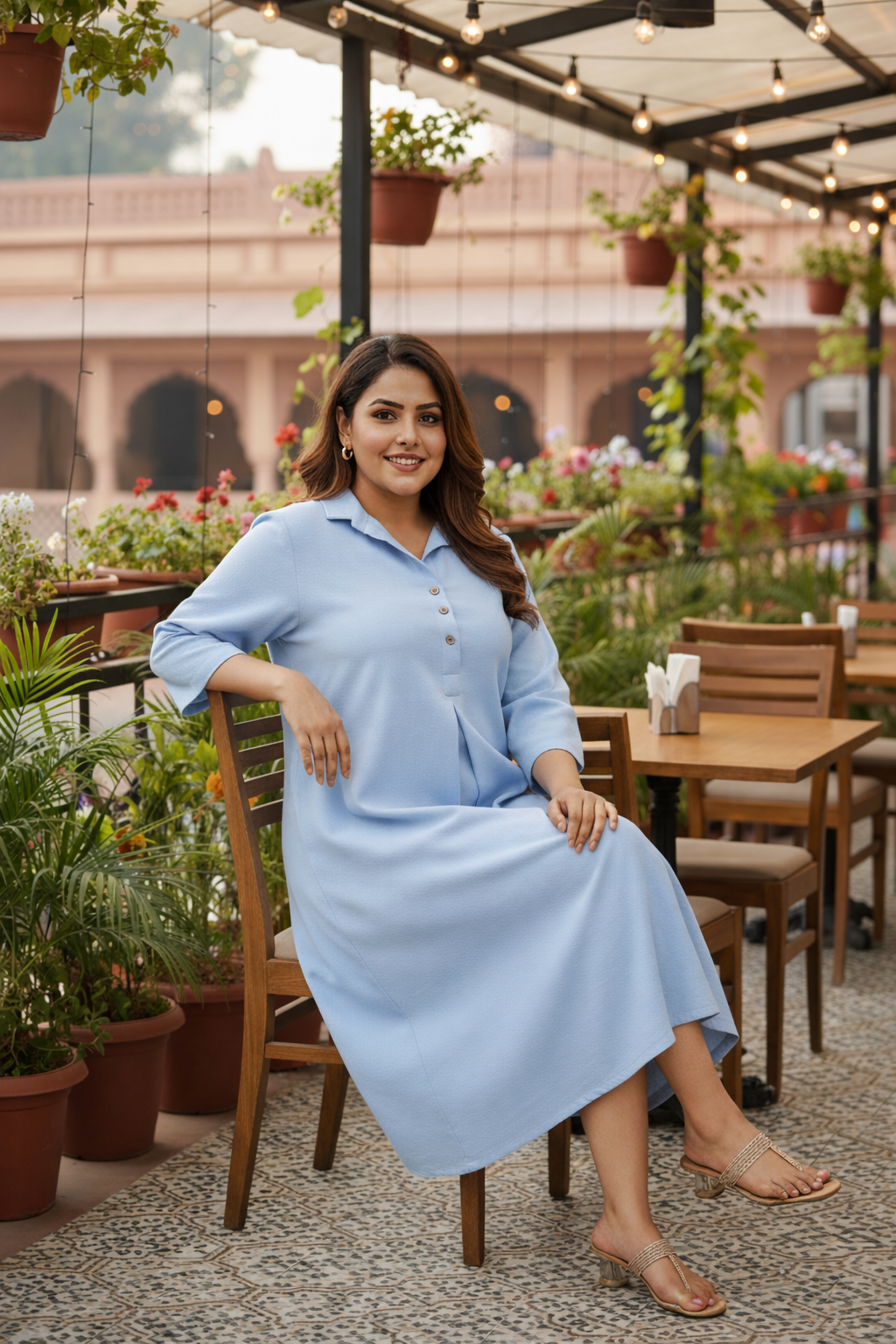 Baby Blue Mid-Length Linen Shirt Collar Dress-4