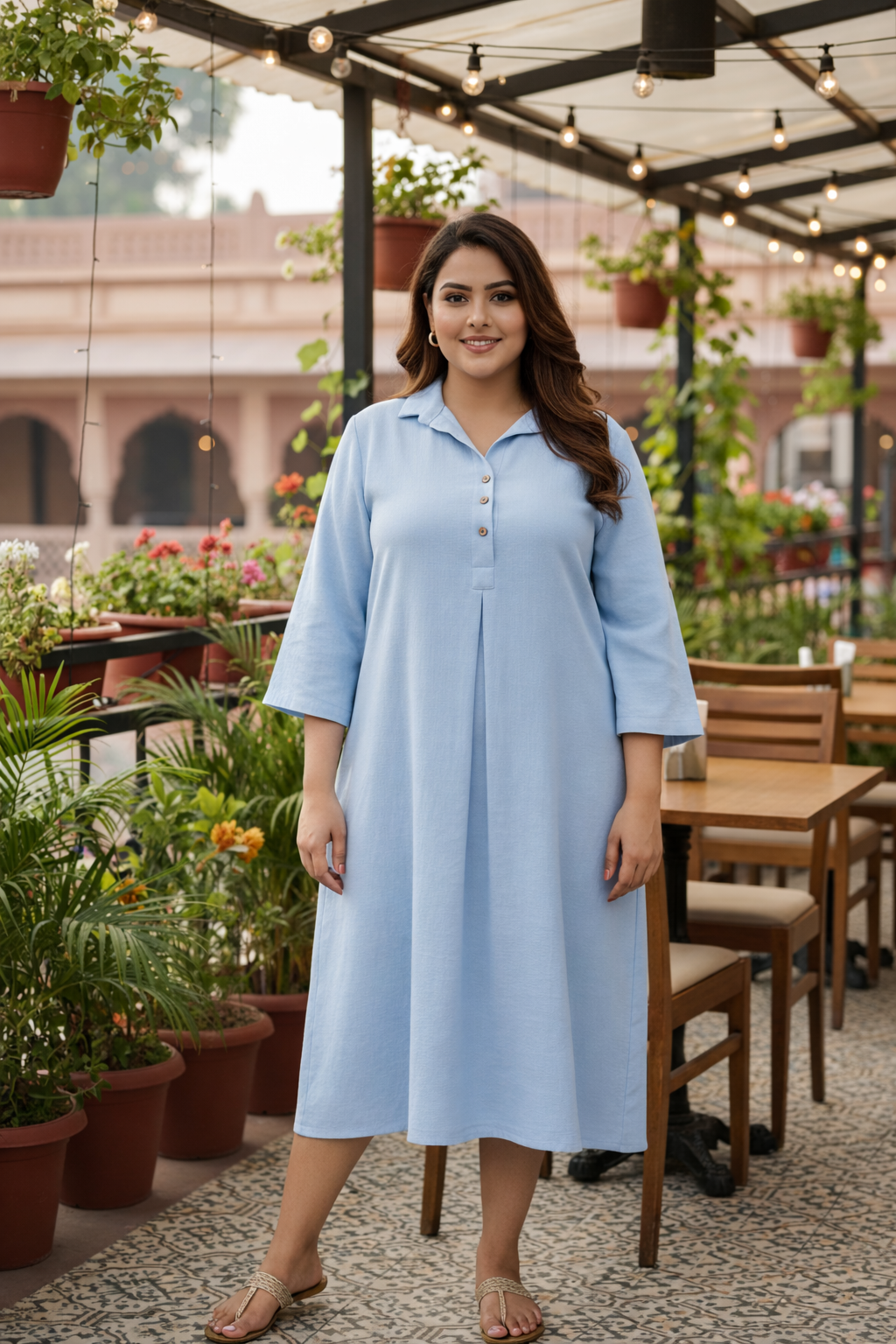 Baby Blue Mid-Length Linen Shirt Collar Dress-0