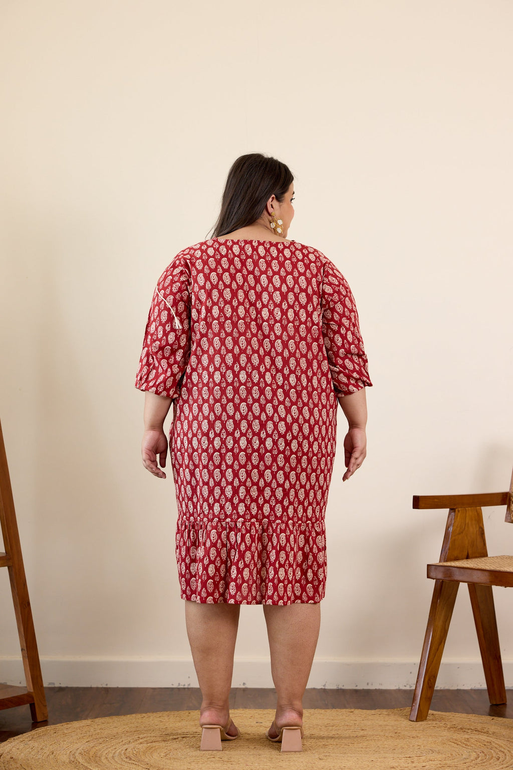Red Floral Motif Drop Waist Dress-3