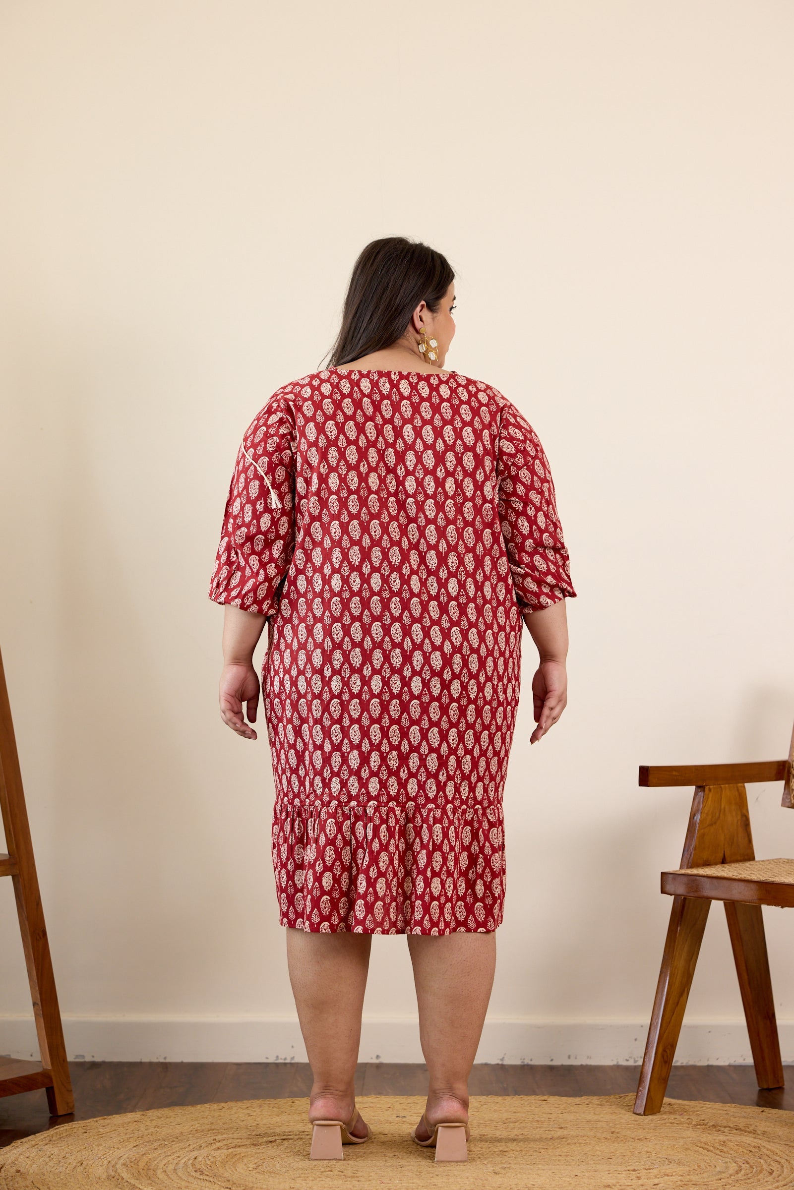 Red Floral Motif Drop Waist Dress-3