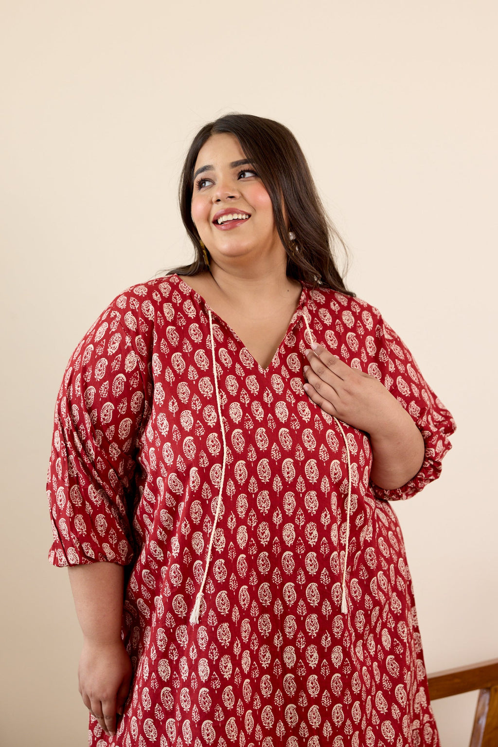 Red Floral Motif Drop Waist Dress-0