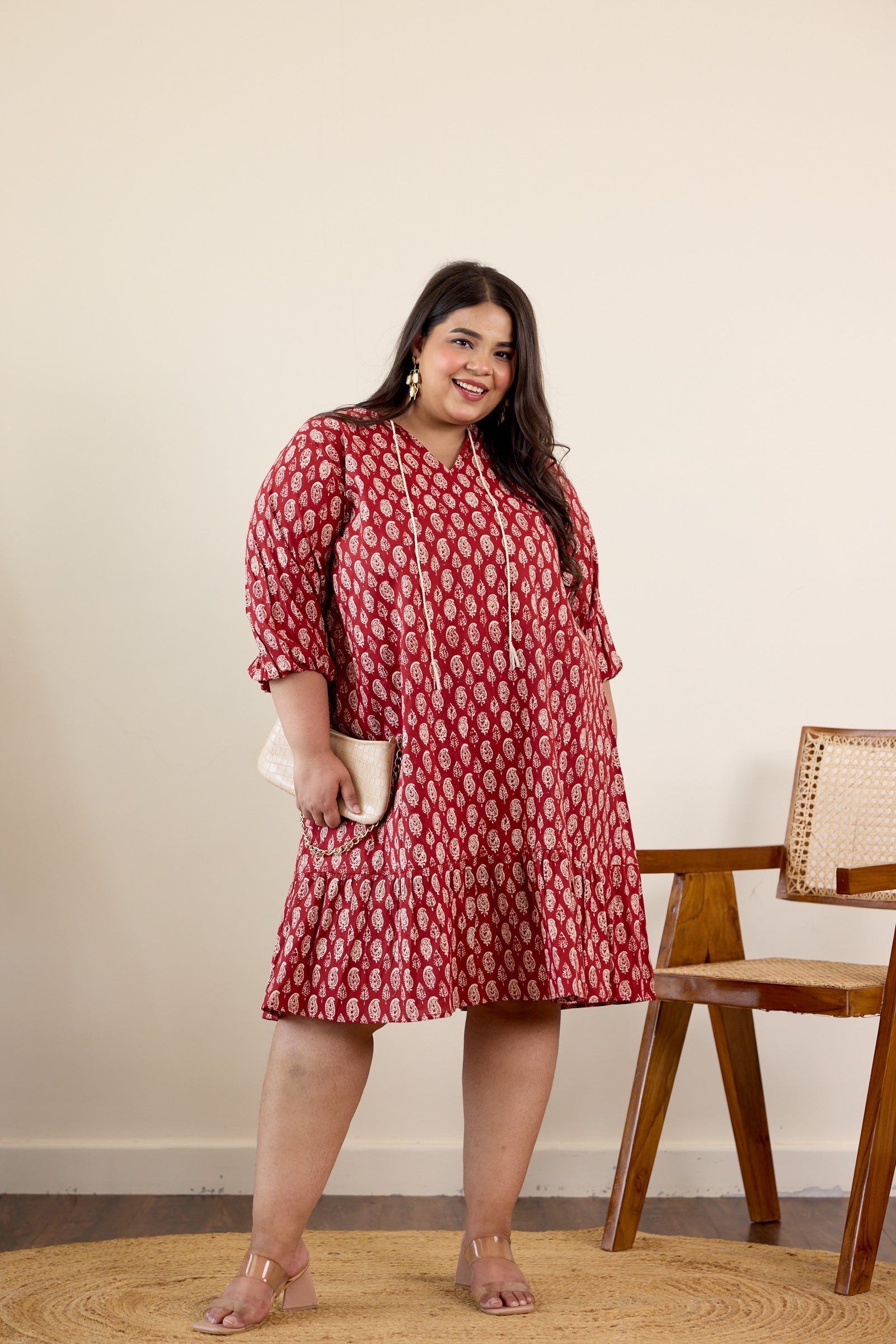 Red Floral Motif Drop Waist Dress-4