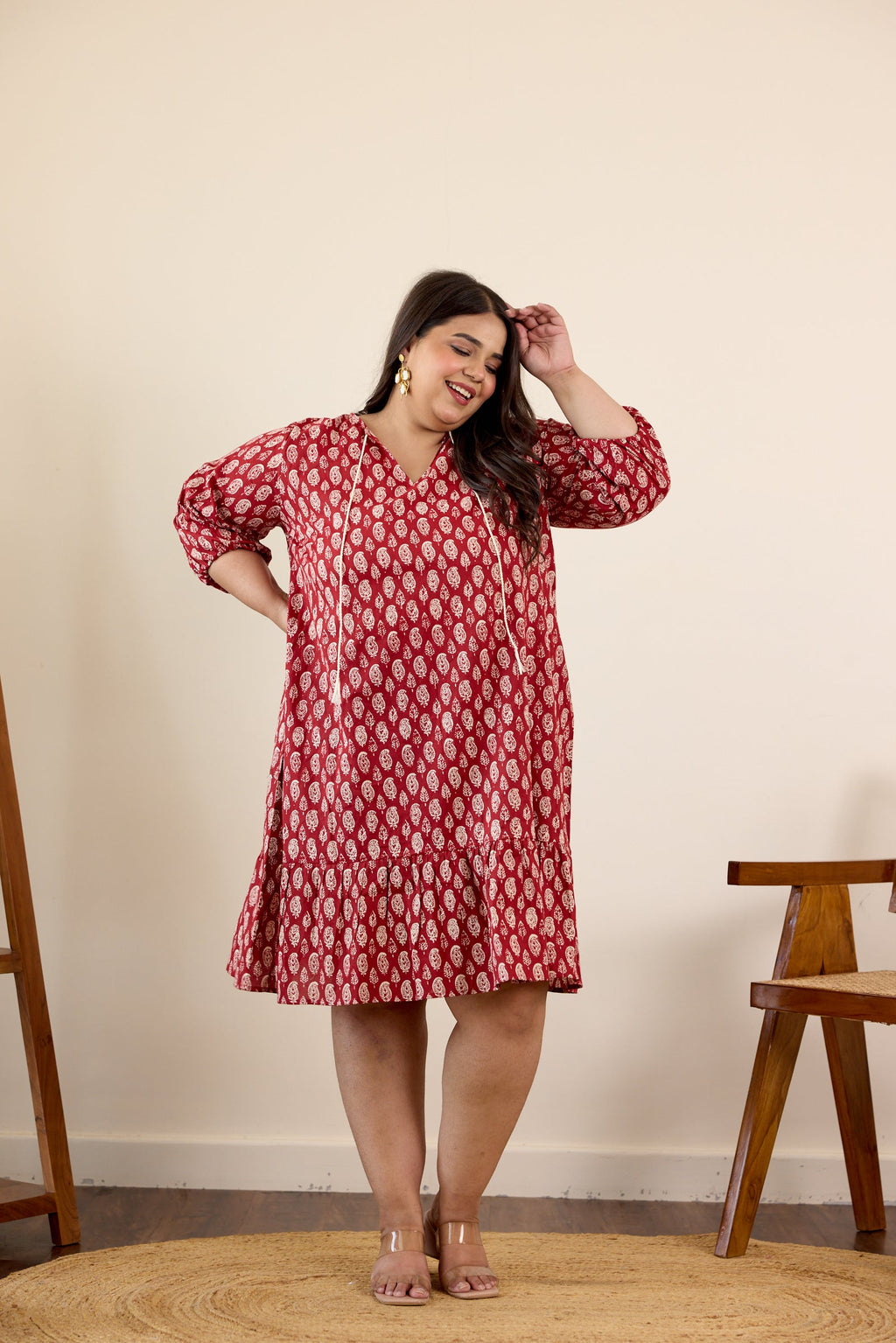Red Floral Motif Drop Waist Dress-2