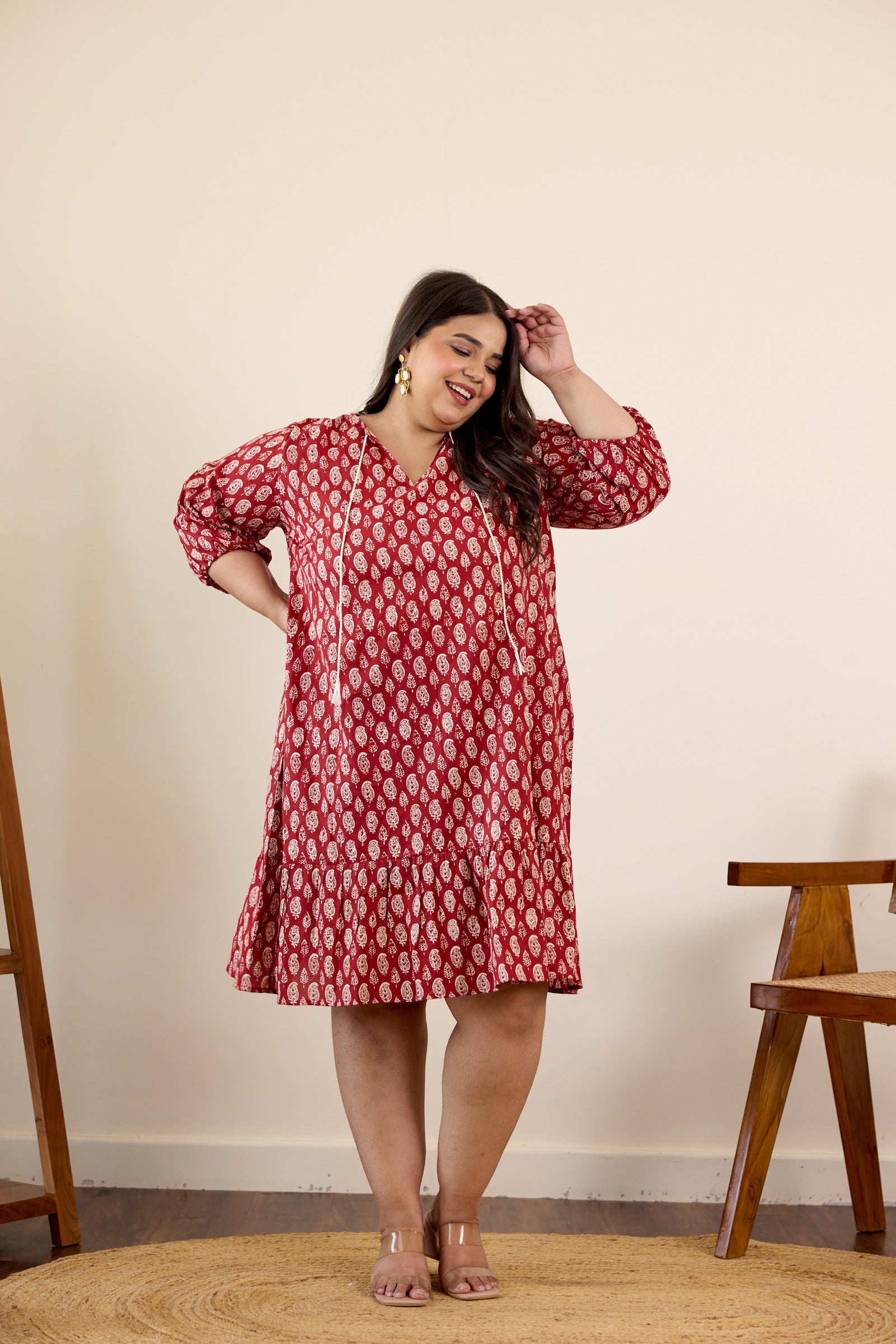 Red Floral Motif Drop Waist Dress-2