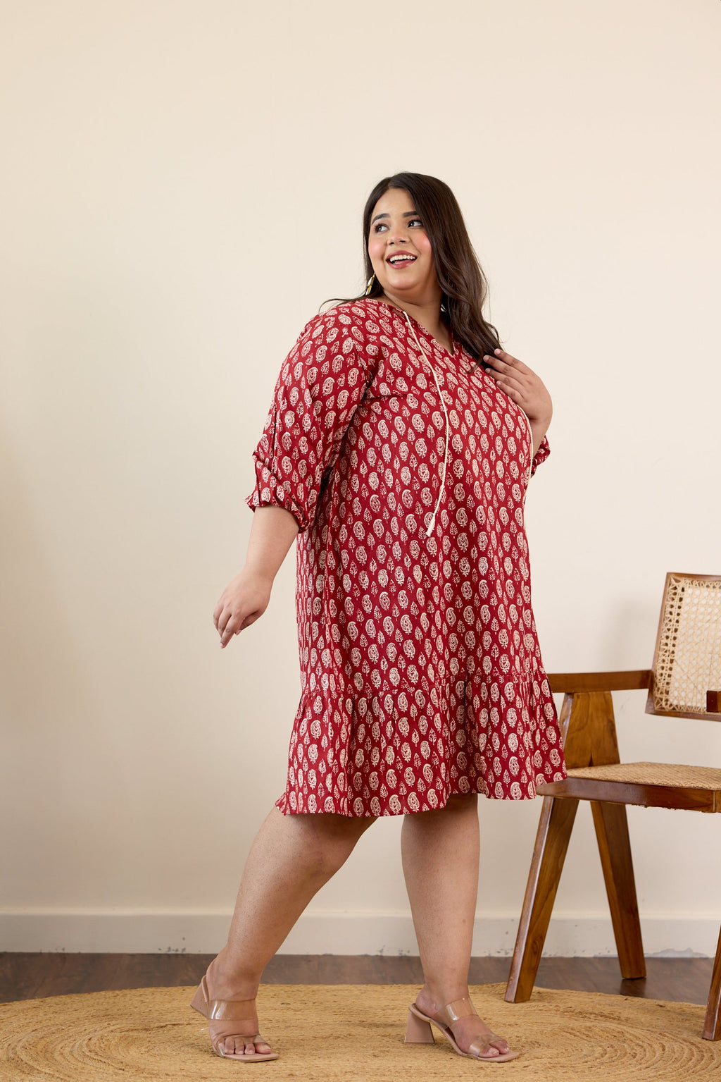 Red Floral Motif Drop Waist Dress-1