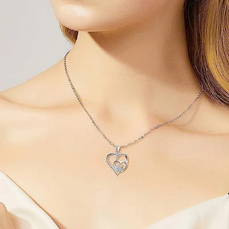 Elegant Paw Shaped Double Heart CZ Pendant Necklace-2