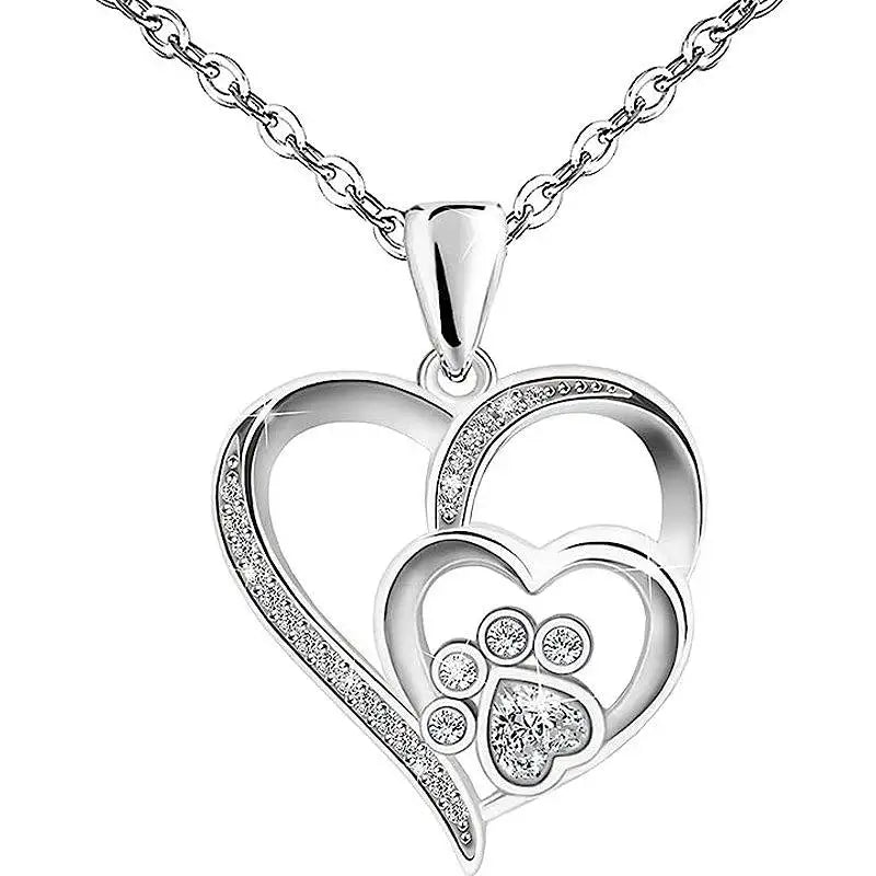 Elegant Paw Shaped Double Heart CZ Pendant Necklace-0
