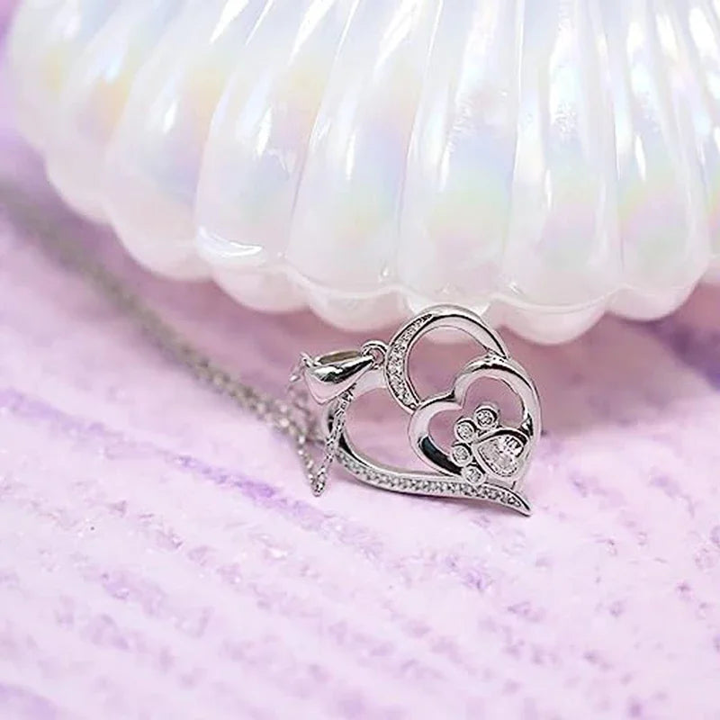 Elegant Paw Shaped Double Heart CZ Pendant Necklace-3