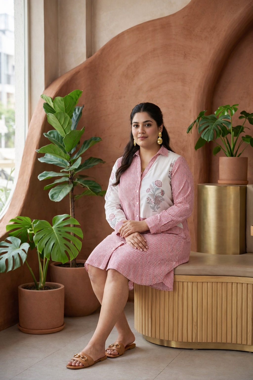 Striped Jaipur Pink Floral Cotton Short Shirt Dress