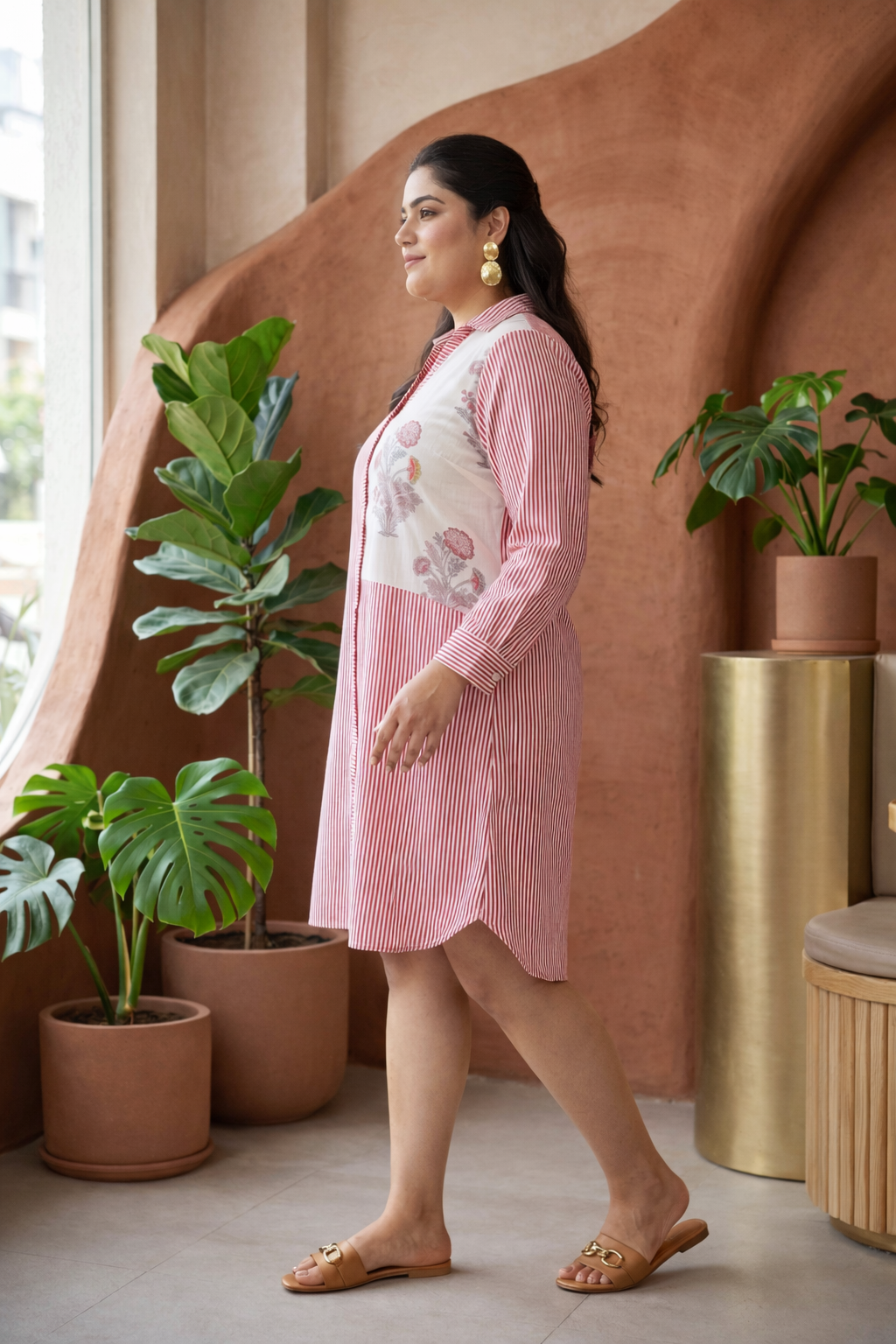 Striped Jaipur Pink Floral Cotton Short Shirt Dress