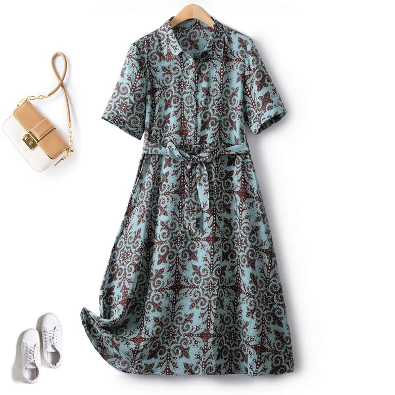 Summer Dress Woman Trendy Elegant Vintage Turn Down Collar Over Knee Single Breast Drop Large Swing Flower Female Dresses-4