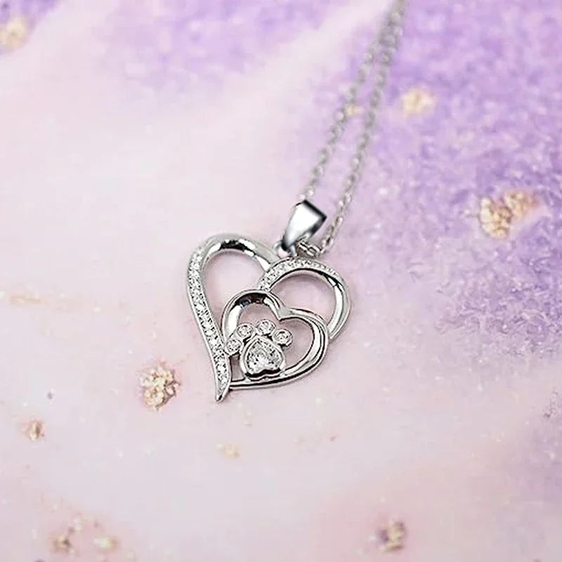 Elegant Paw Shaped Double Heart CZ Pendant Necklace-1