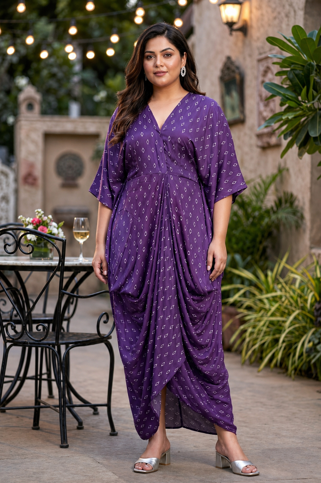 Regular Violet V-Neck Bandhani Print Cowl Dress