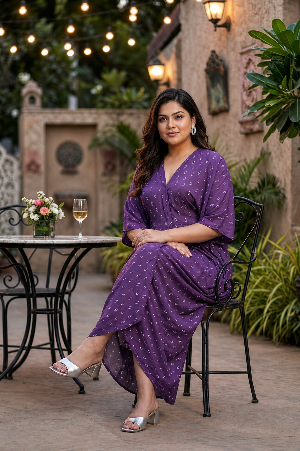 Regular Violet V-Neck Bandhani Print Cowl Dress