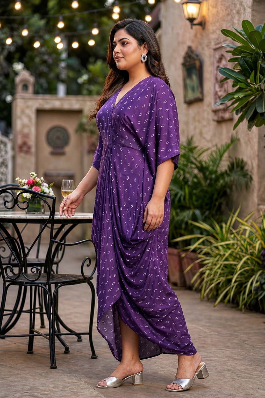 Regular Violet V-Neck Bandhani Print Cowl Dress