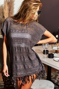BiBi Fringed Hem Short Sleeve Knit Top-0