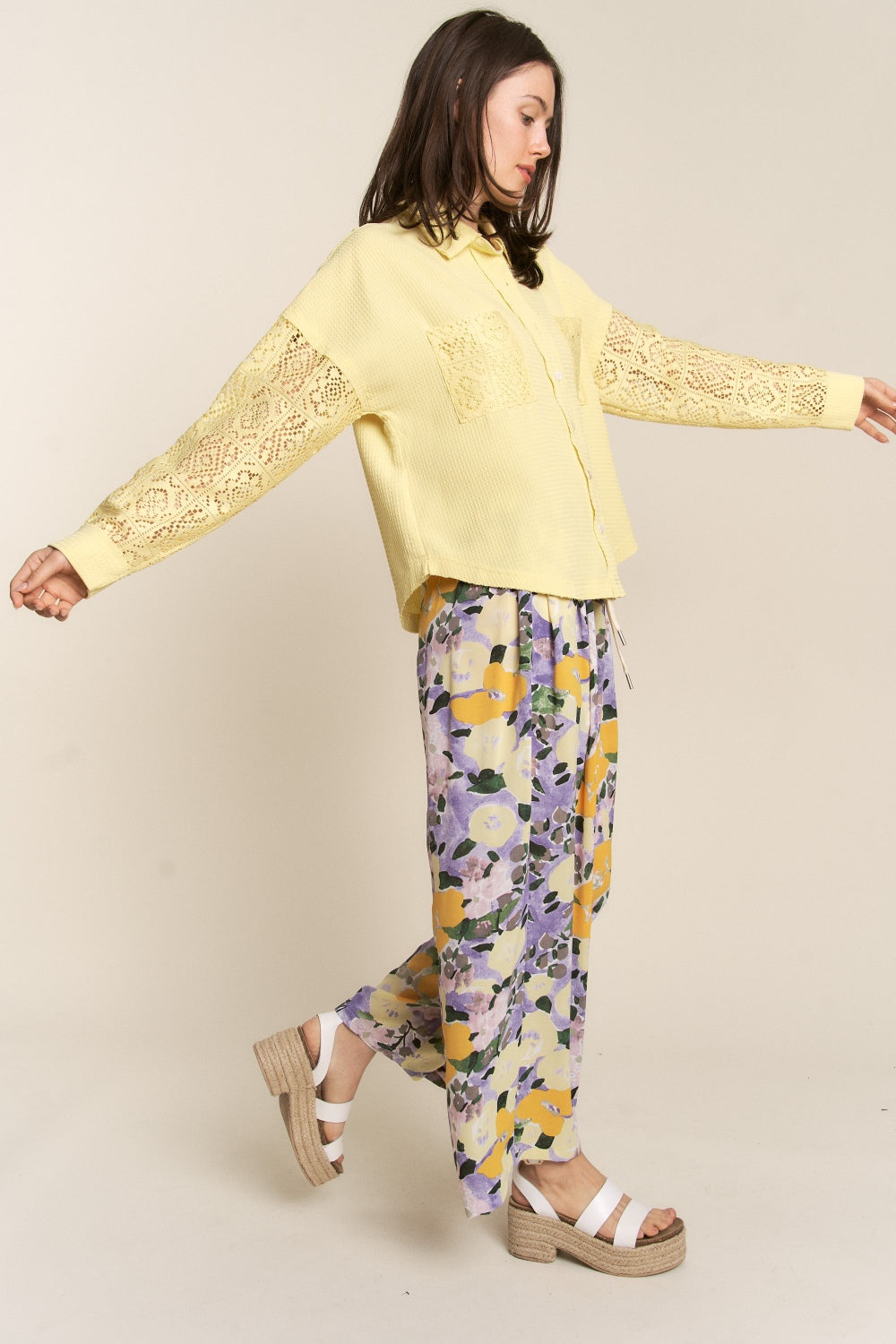 J.NNA Button Down Lace Long Sleeve Waffle Shirt-3