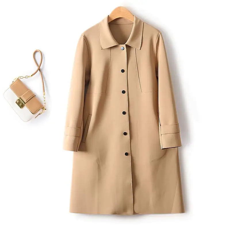 Simple French Fashion Light Luxury Windbreaker Mid Length Autumn Turn Down Collar Single Breasted Air Cotton Jackets Women-0