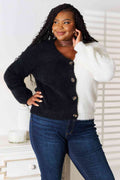 Woven Right Contrast Button-Front V-Neck Cardigan-0