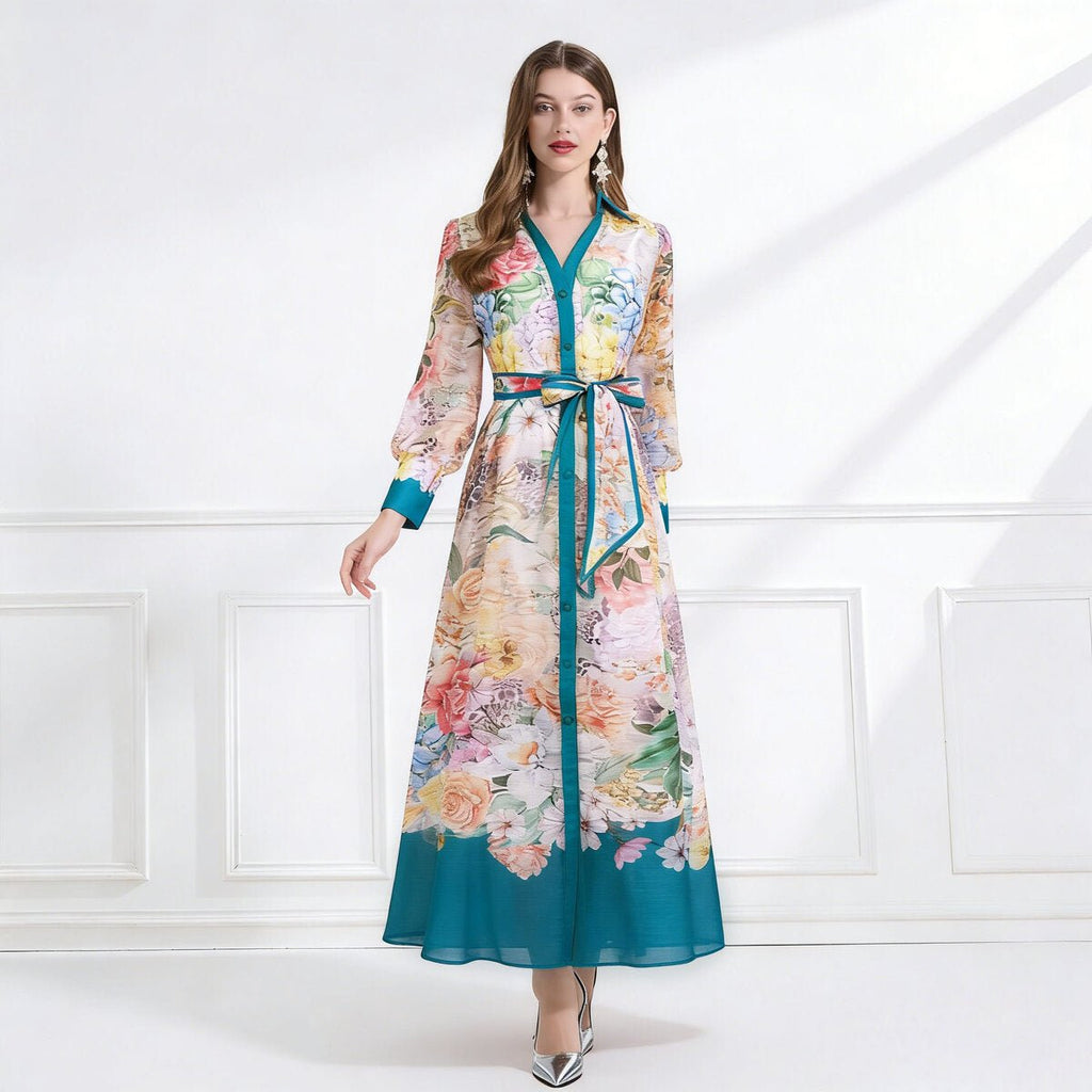 Bloom Elegance Printed Chiffon Maxi Shirt Dress-0