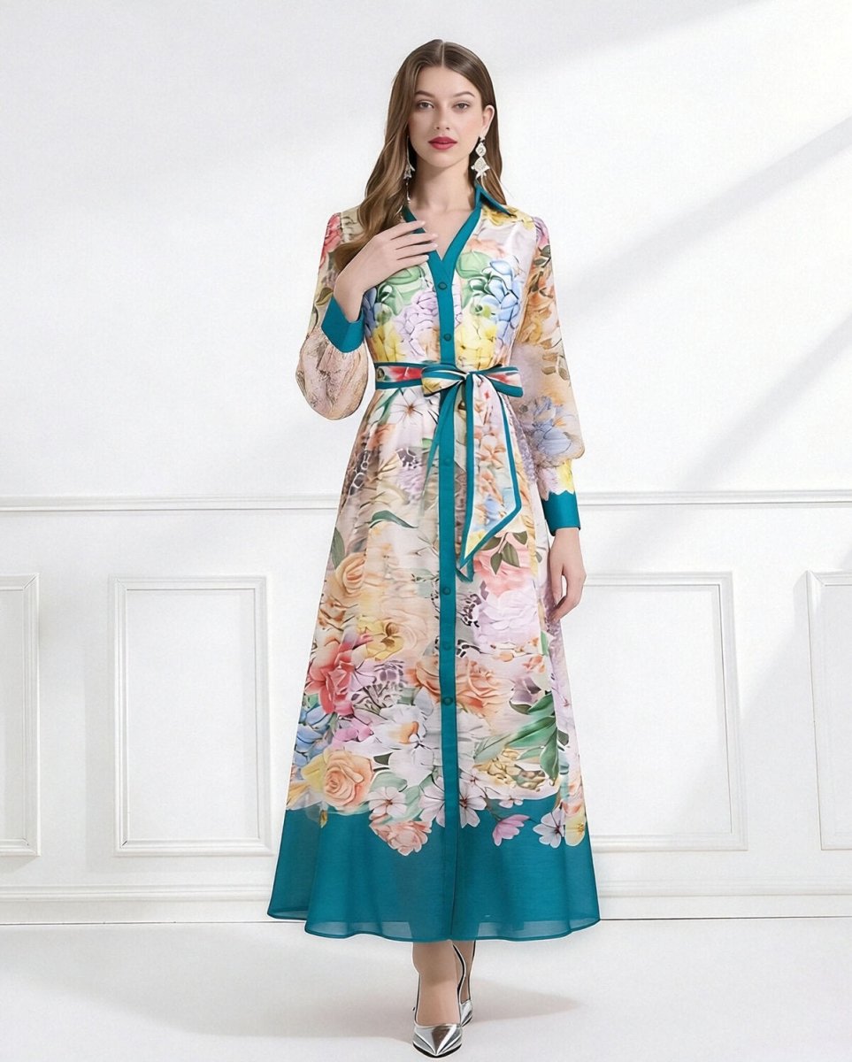 Bloom Elegance Printed Chiffon Maxi Shirt Dress-1