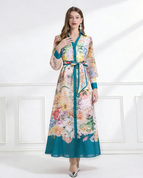 Bloom Elegance Printed Chiffon Maxi Shirt Dress-1