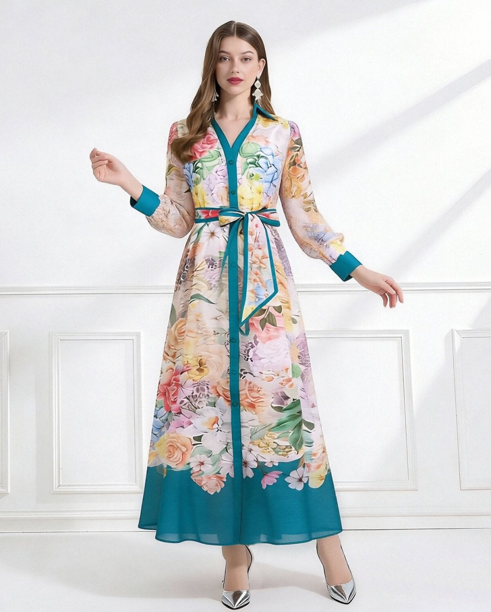 Bloom Elegance Printed Chiffon Maxi Shirt Dress-2