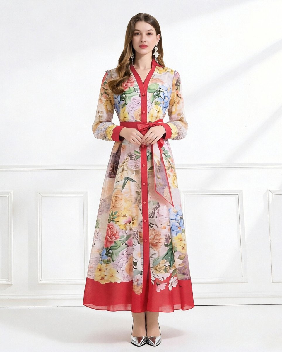 Bloom Elegance Printed Chiffon Maxi Shirt Dress-5