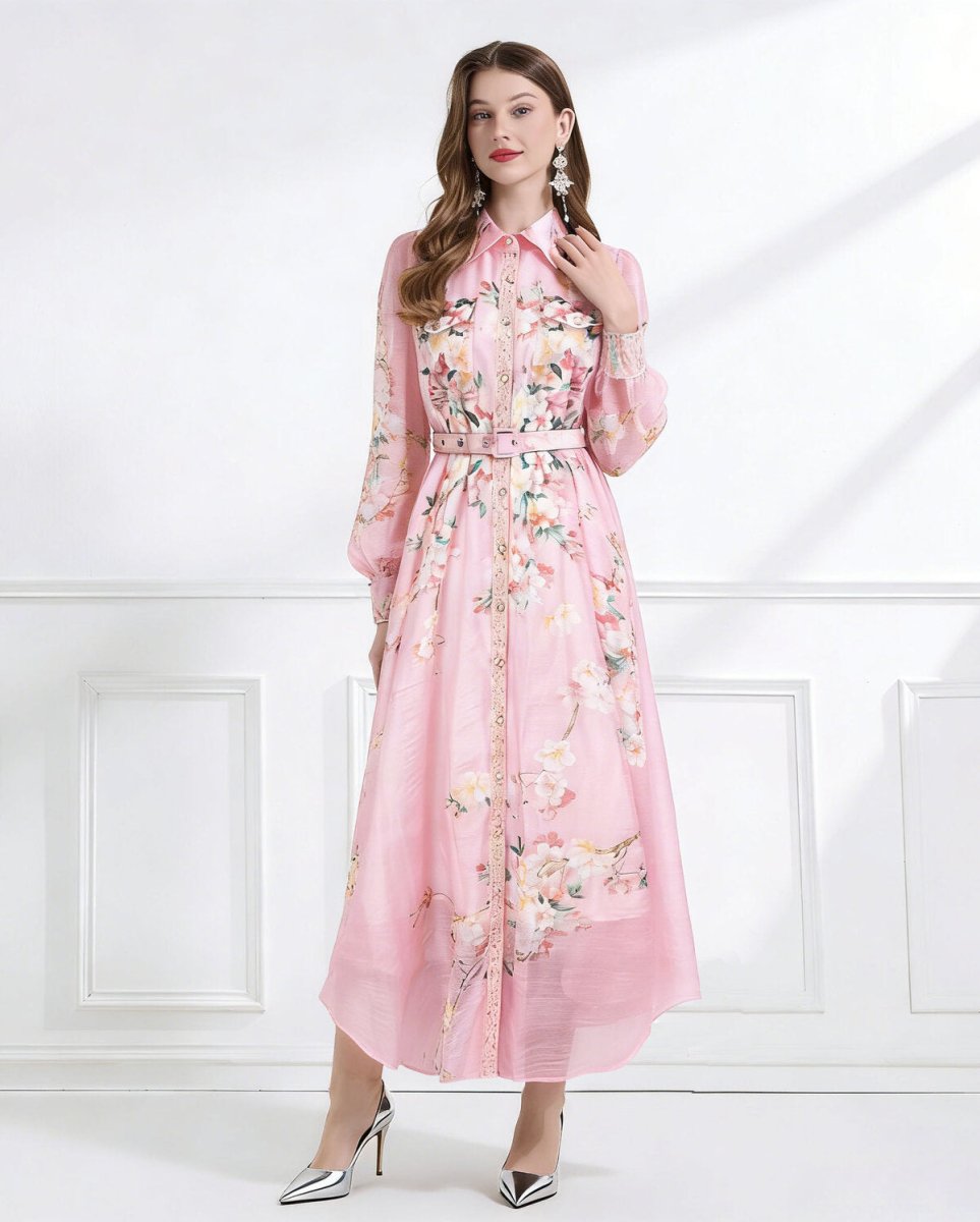 Blush Bloom Lace Trim Floral Chiffon Maxi Dress-0