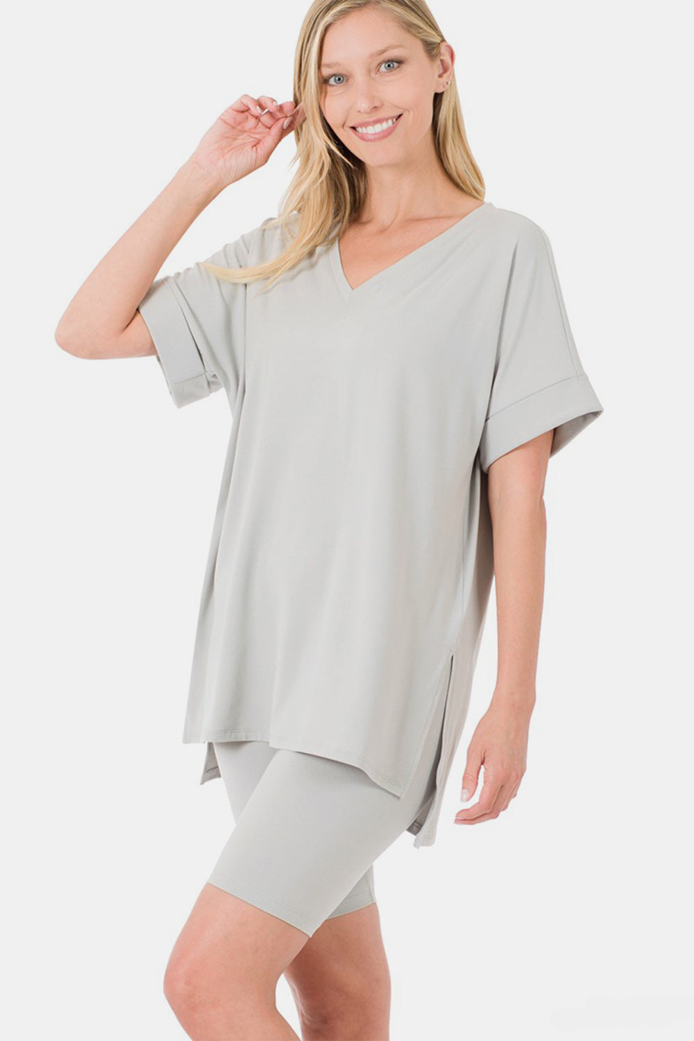 Zenana Full Size V-Neck Short Sleeve Slit T-Shirt and Shorts Set-0