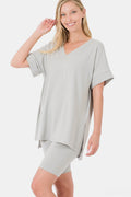 Zenana Full Size V-Neck Short Sleeve Slit T-Shirt and Shorts Set-0