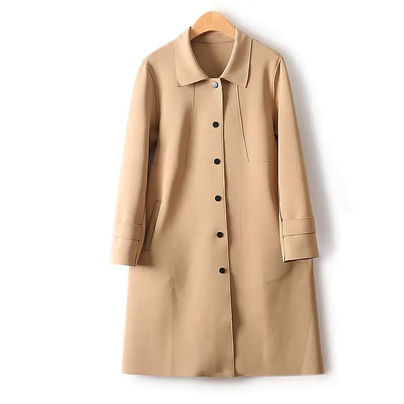 Simple French Fashion Light Luxury Windbreaker Mid Length Autumn Turn Down Collar Single Breasted Air Cotton Jackets Women-2