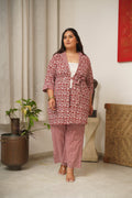 RED LEAFY JACKET PANT SET WITH BELT(SET OF 2)