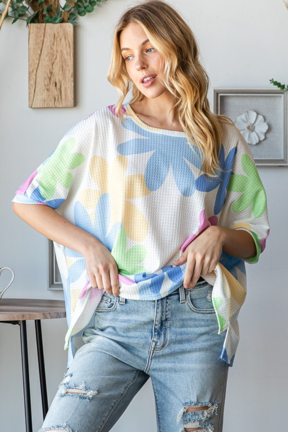 HOPELY Floral Round Neck Waffle T-Shirt-3