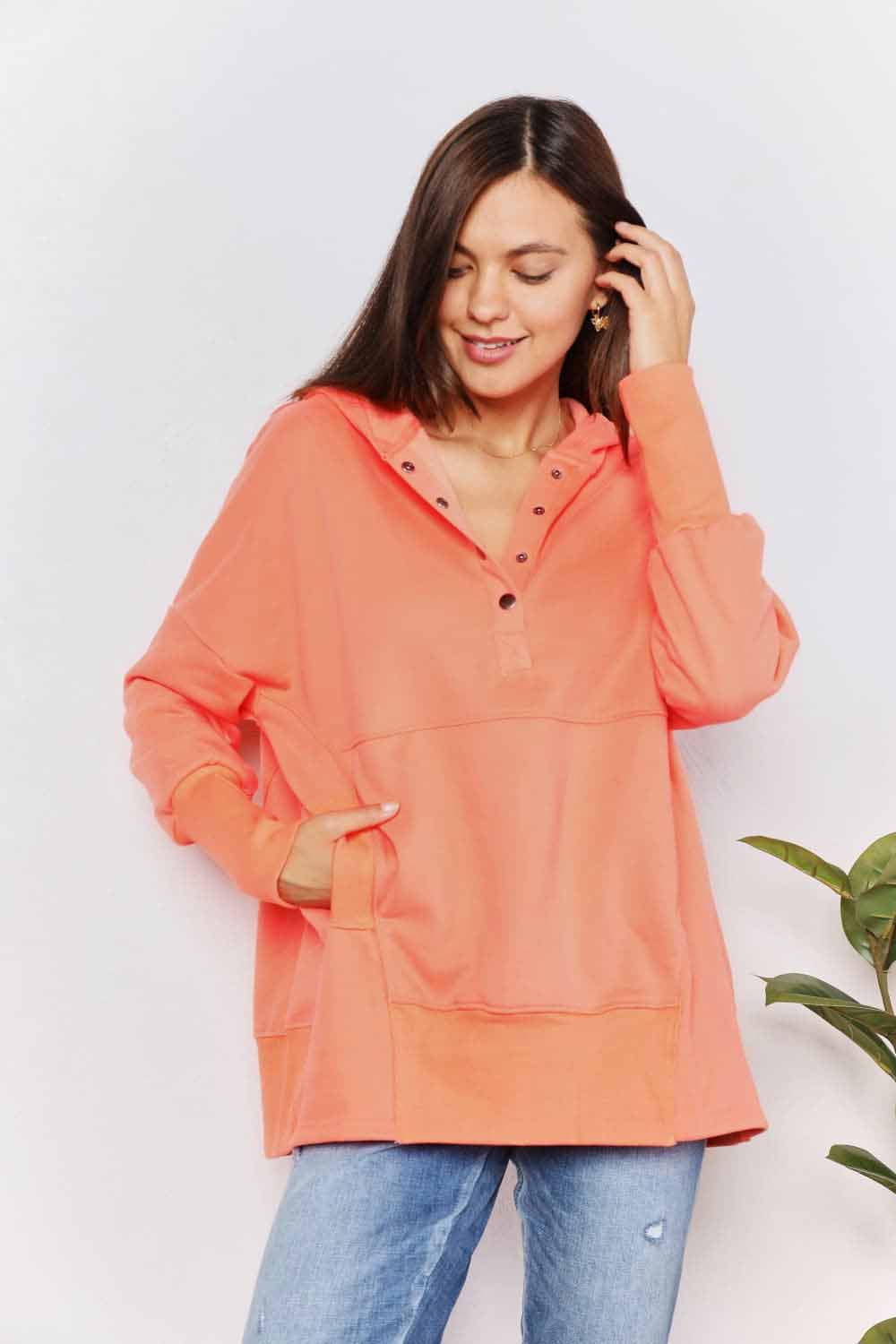 Double Take Quarter-Snap Dropped Shoulder Hoodie-0