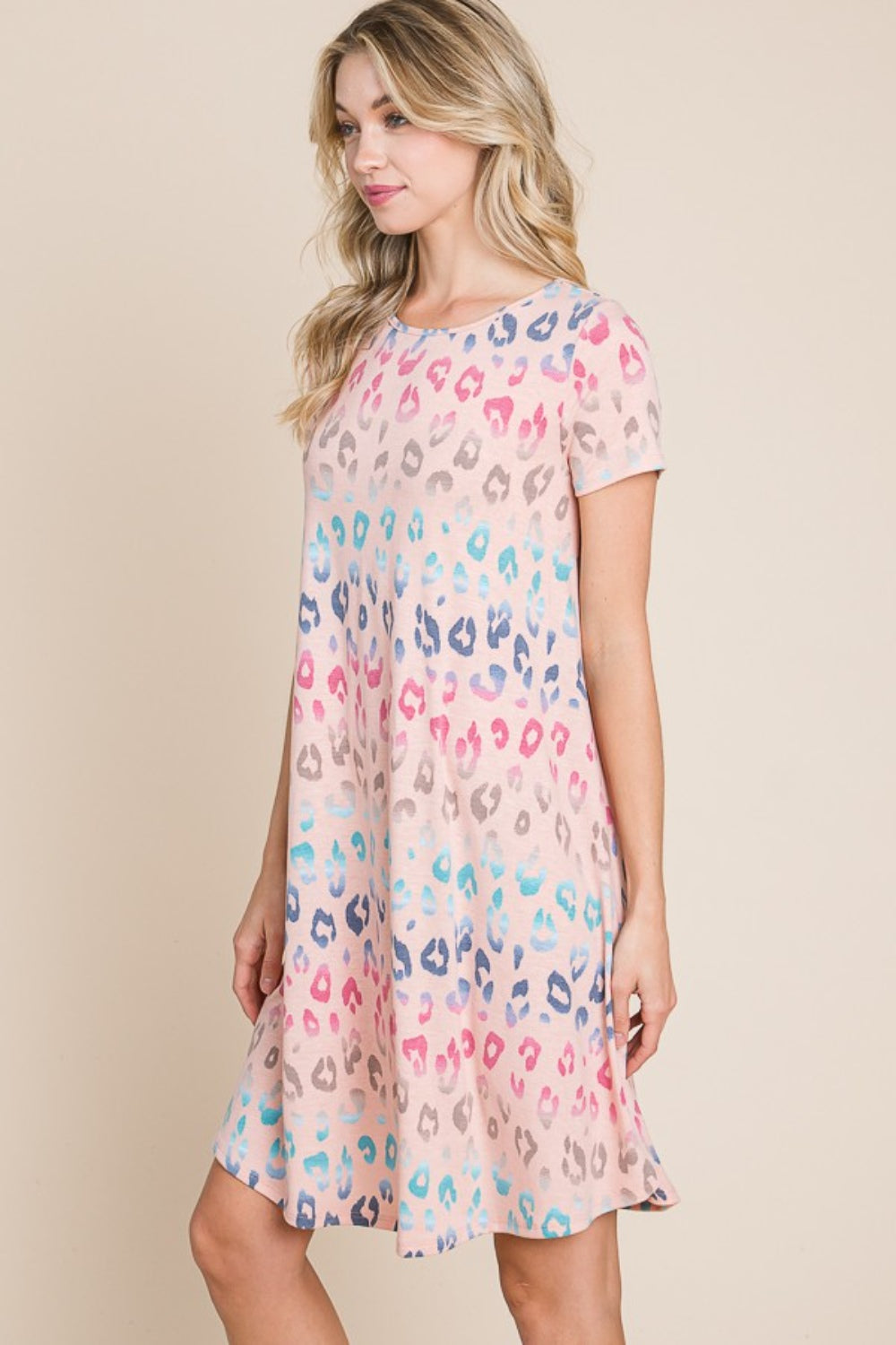 BOMBOM Leopard Round Neck Short Sleeve Dress-2
