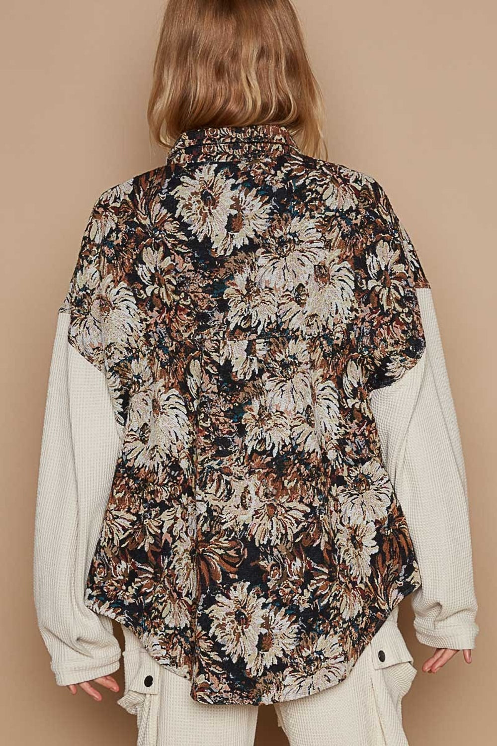 POL Contrast Sleeves Button Down Floral Jacquard Shirt-1