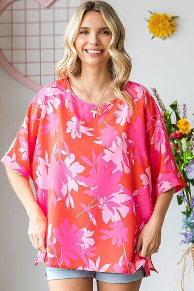 First Love Slit Printed Round Neck Half Sleeve Blouse-2