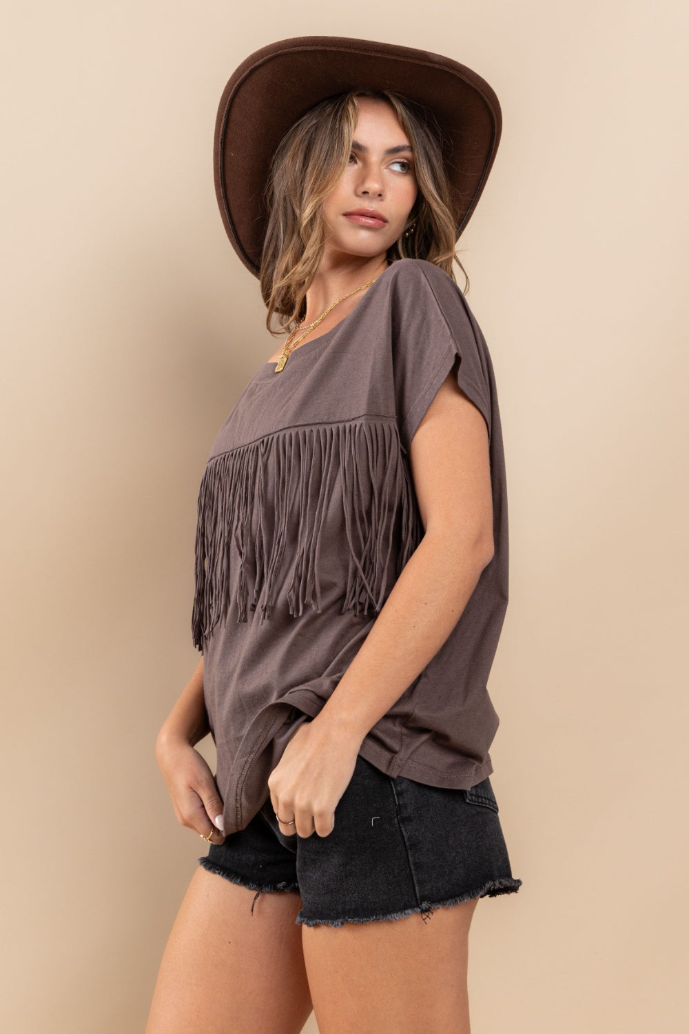 Ces Femme Fringe Detail Round Neck Short Sleeve Top-2